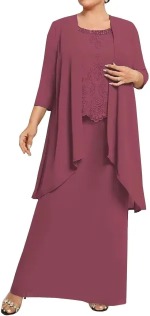 2 Pieces Mother of The Bride Dresses with Jacket for Wedding Plus Size Long Sleeve Formal Evening Gowns PG034