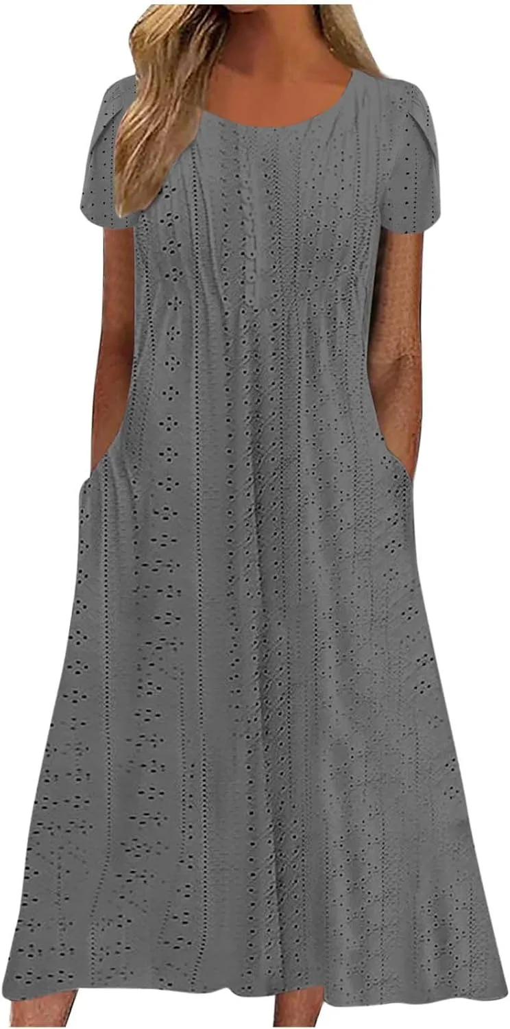 2025 Summer Dress for Womens Dressy Casual Sundress Hollow Out Eyelet Embroidery Maxi Dress Petal Sleeve Beach Dresses
