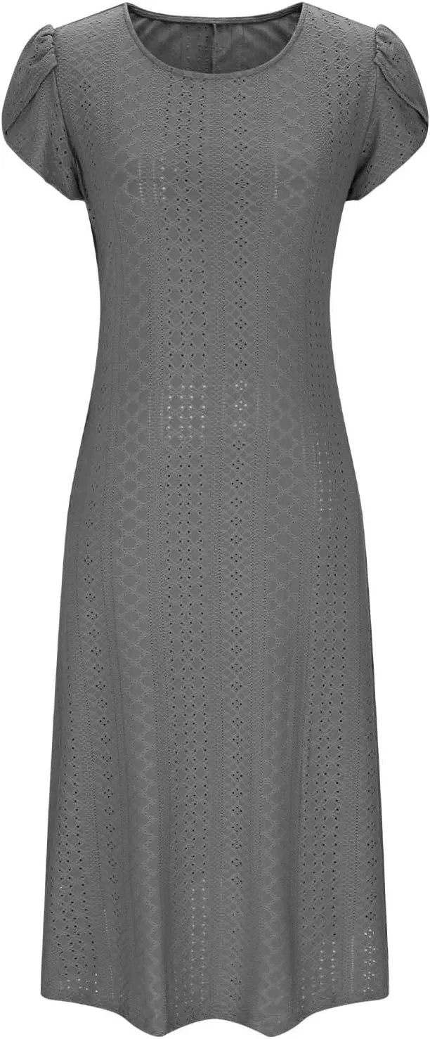 2025 Summer Dress for Womens Dressy Casual Sundress Hollow Out Eyelet Embroidery Maxi Dress Petal Sleeve Beach Dresses