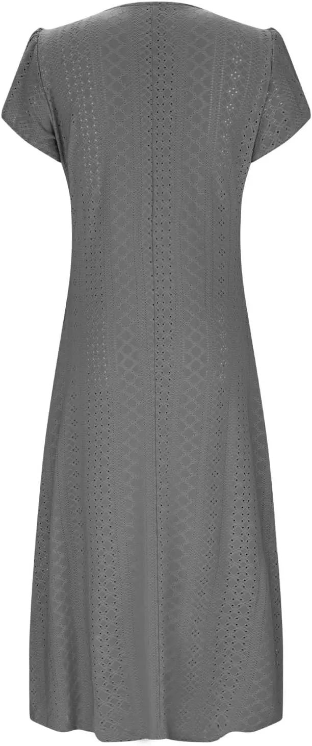 2025 Summer Dress for Womens Dressy Casual Sundress Hollow Out Eyelet Embroidery Maxi Dress Petal Sleeve Beach Dresses