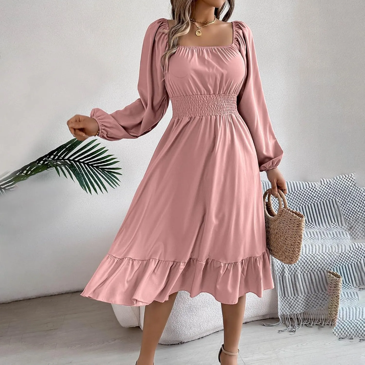2025 Women Summer Dress Long Lantern Sleeve Square Neck Backless Sexy Dress Ruffle Elastic Waist A-Line Mini Dresses