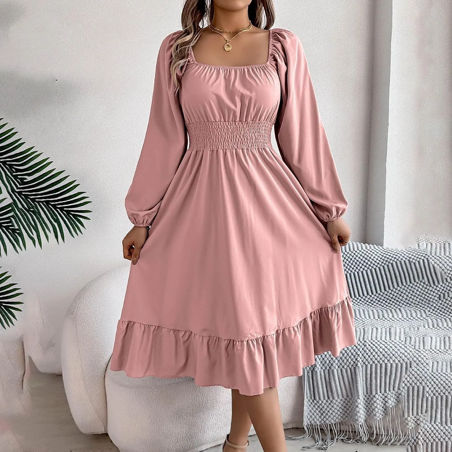 2025 Women Summer Dress Long Lantern Sleeve Square Neck Backless Sexy Dress Ruffle Elastic Waist A-Line Mini Dresses