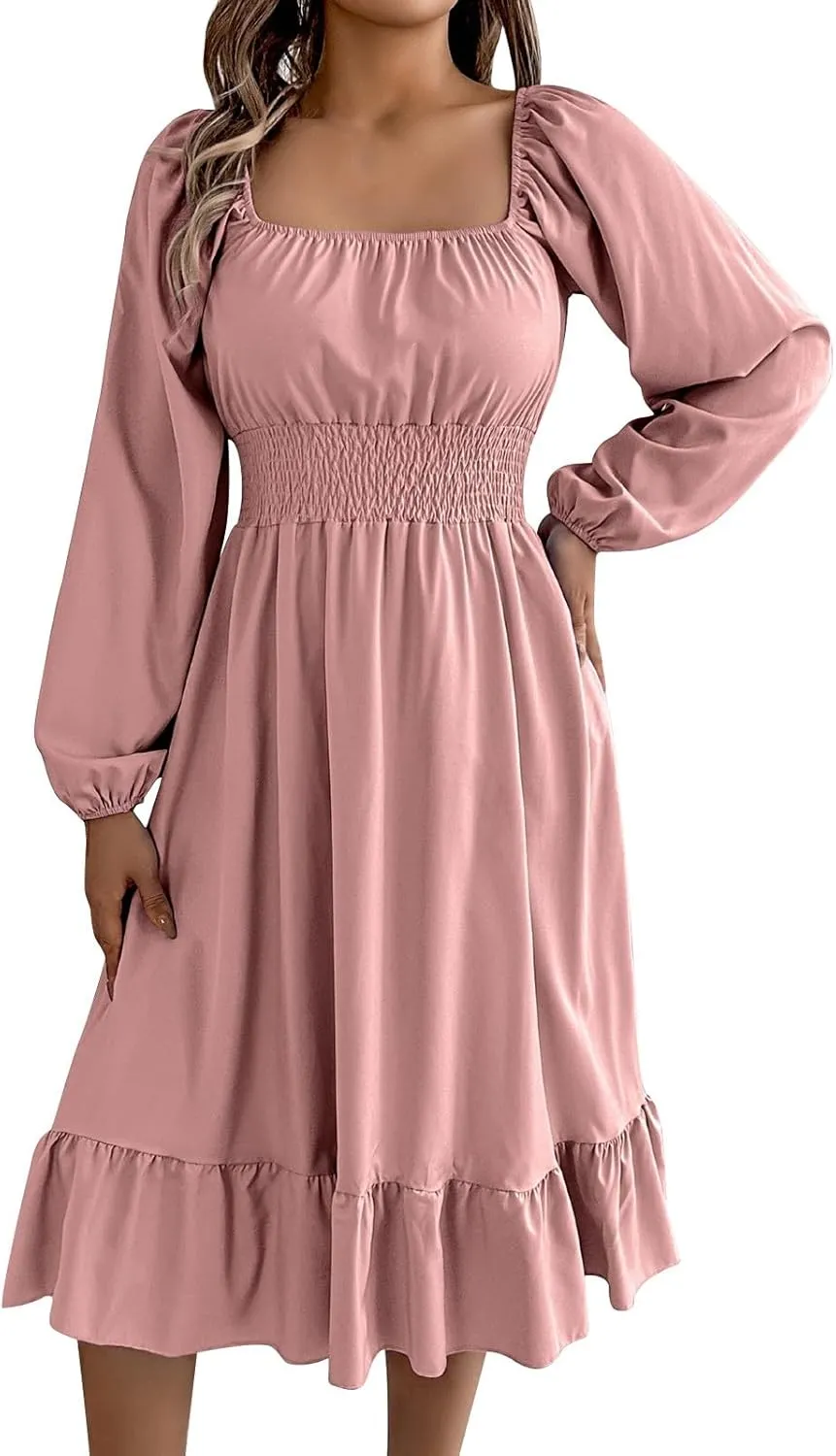 2025 Women Summer Dress Long Lantern Sleeve Square Neck Backless Sexy Dress Ruffle Elastic Waist A-Line Mini Dresses
