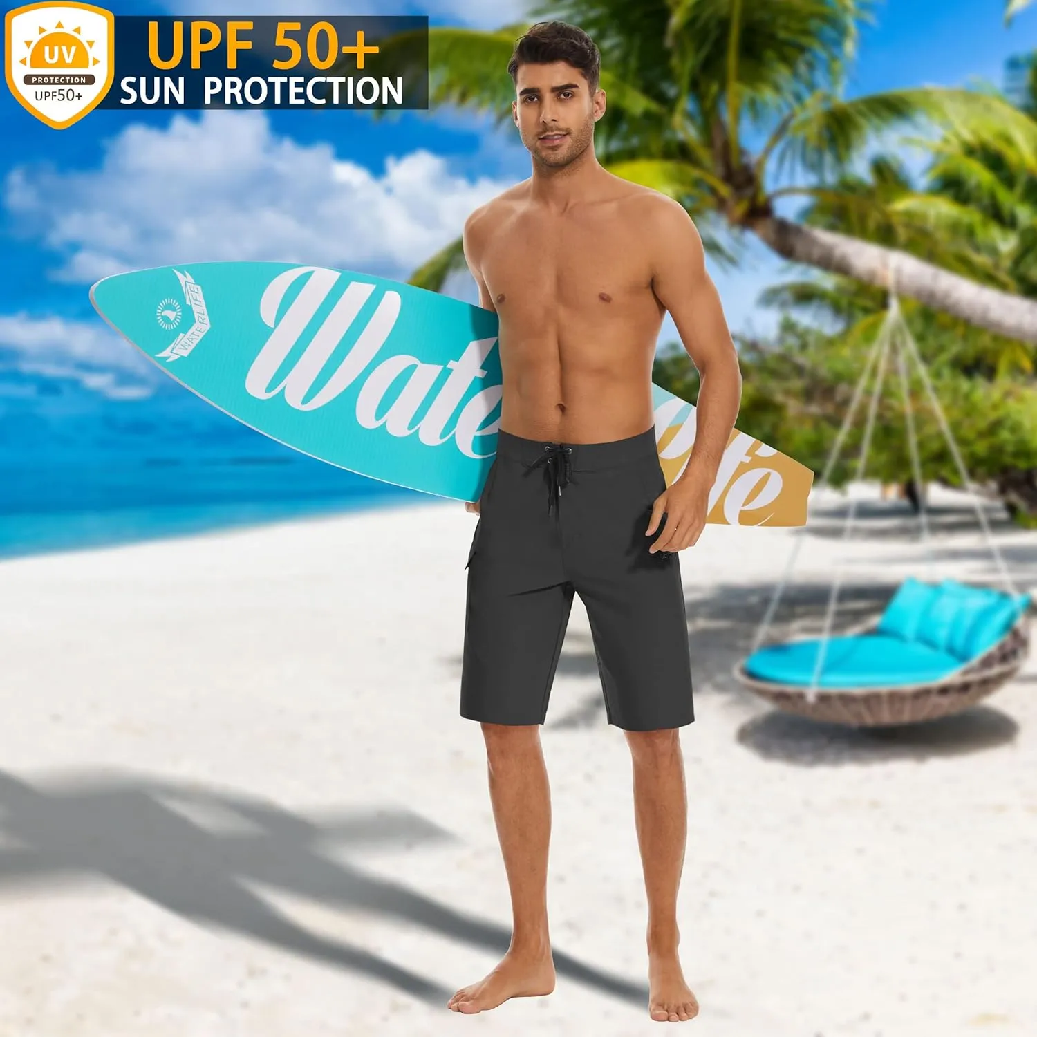 22" Men's Board Shorts Swimwear No Mesh Lining - Long Swim Trunks Surf Shorts Bathing Suit with Zipper Pocket UPF50 