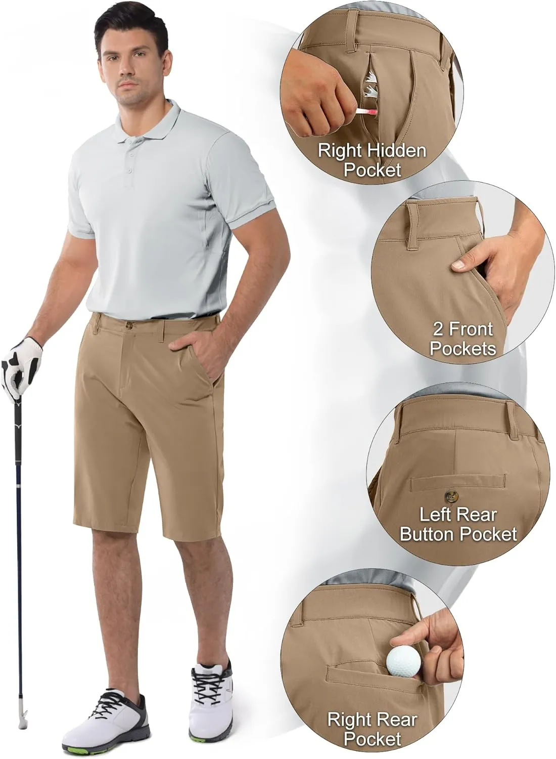 33,000ft Men's Golf Shorts Dry Fit, Lightweight Quick Dry Golf Stretch Shorts with Pockets 11" Inseam for Travel Casual