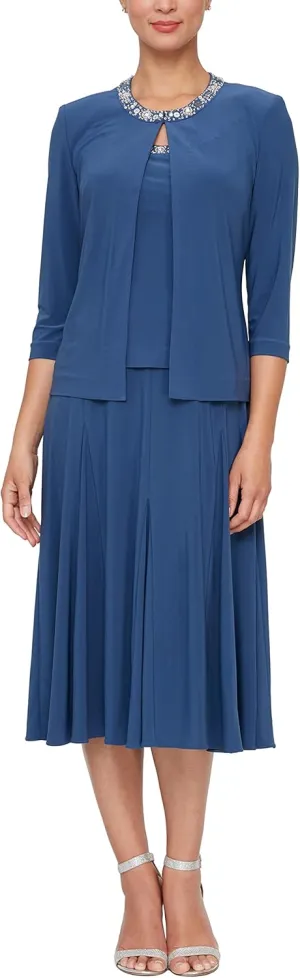Alex Evenings Women's 2 Piece Tea Length Jacket Dress with Sequin Beaded Trim