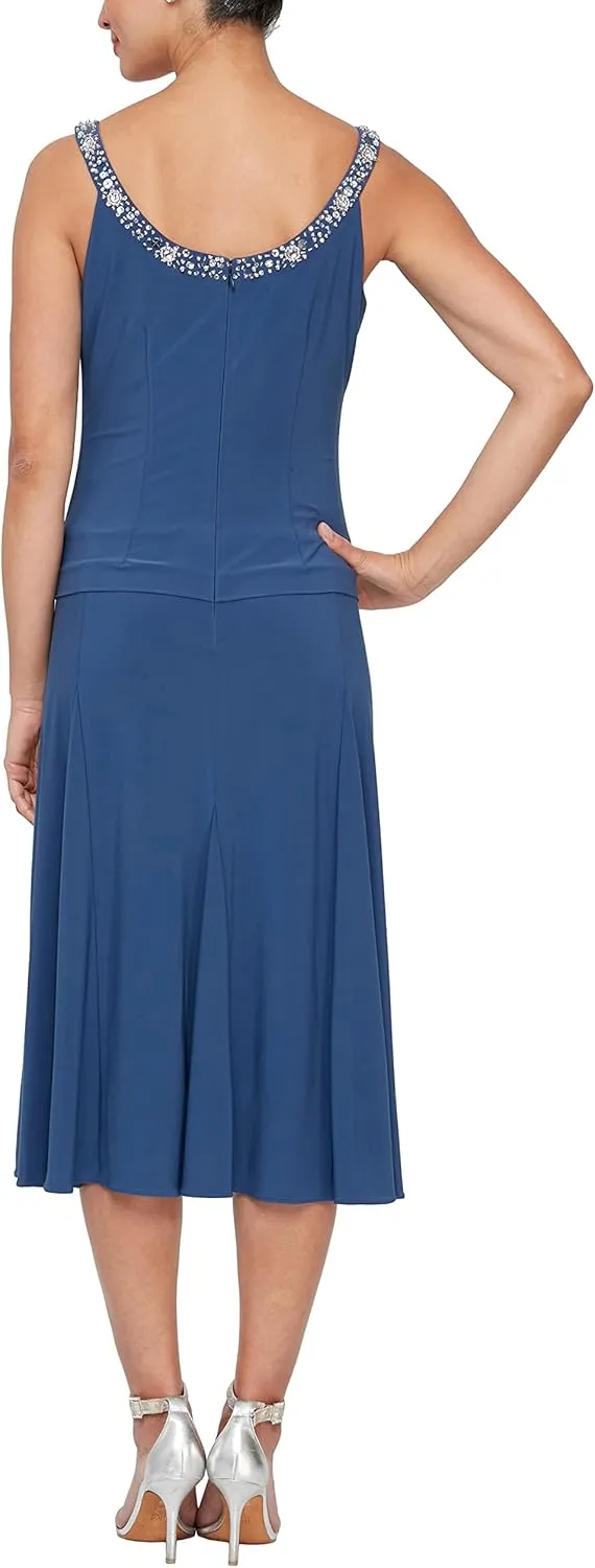 Alex Evenings Women's 2 Piece Tea Length Jacket Dress with Sequin Beaded Trim