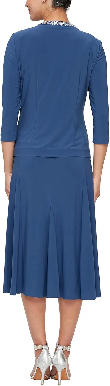 Alex Evenings Women's 2 Piece Tea Length Jacket Dress with Sequin Beaded Trim