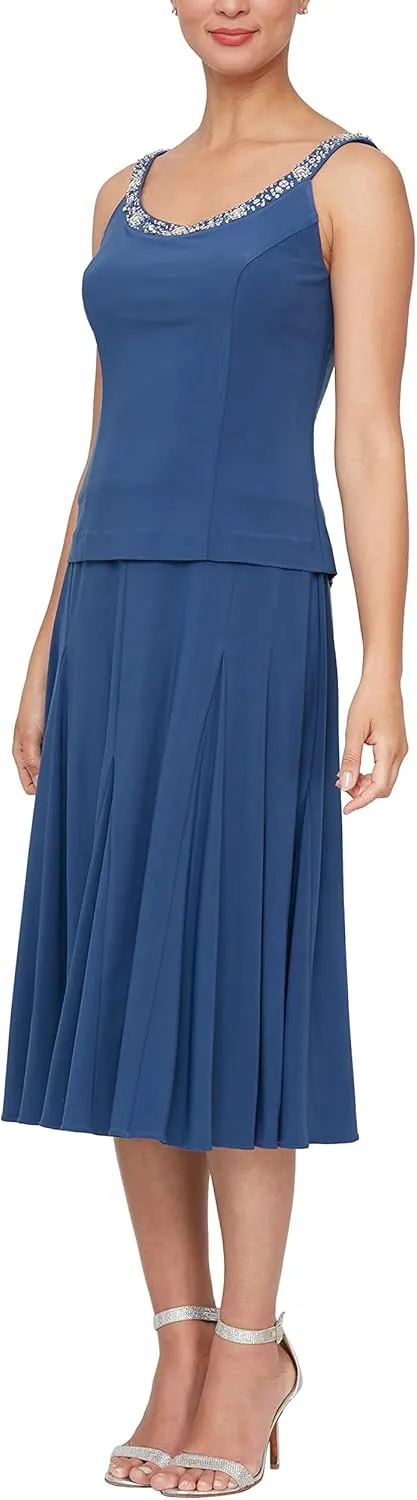 Alex Evenings Women's 2 Piece Tea Length Jacket Dress with Sequin Beaded Trim