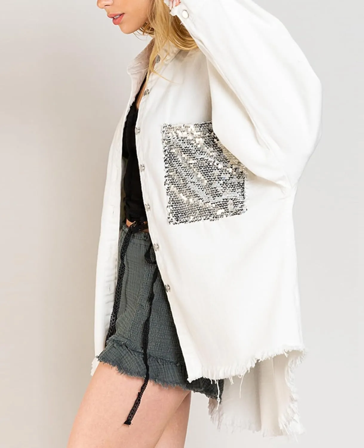 ALSOGO Women Oversize Denim Jacket Casual Long Sleeve Jean Jacket Cute Fringe Jacket With Pockets
