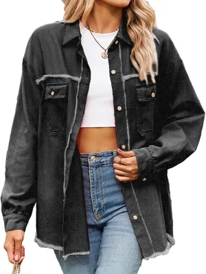 ALSOGO Women Oversize Denim Jacket Casual Long Sleeve Jean Jacket Cute Fringe Jacket With Pockets