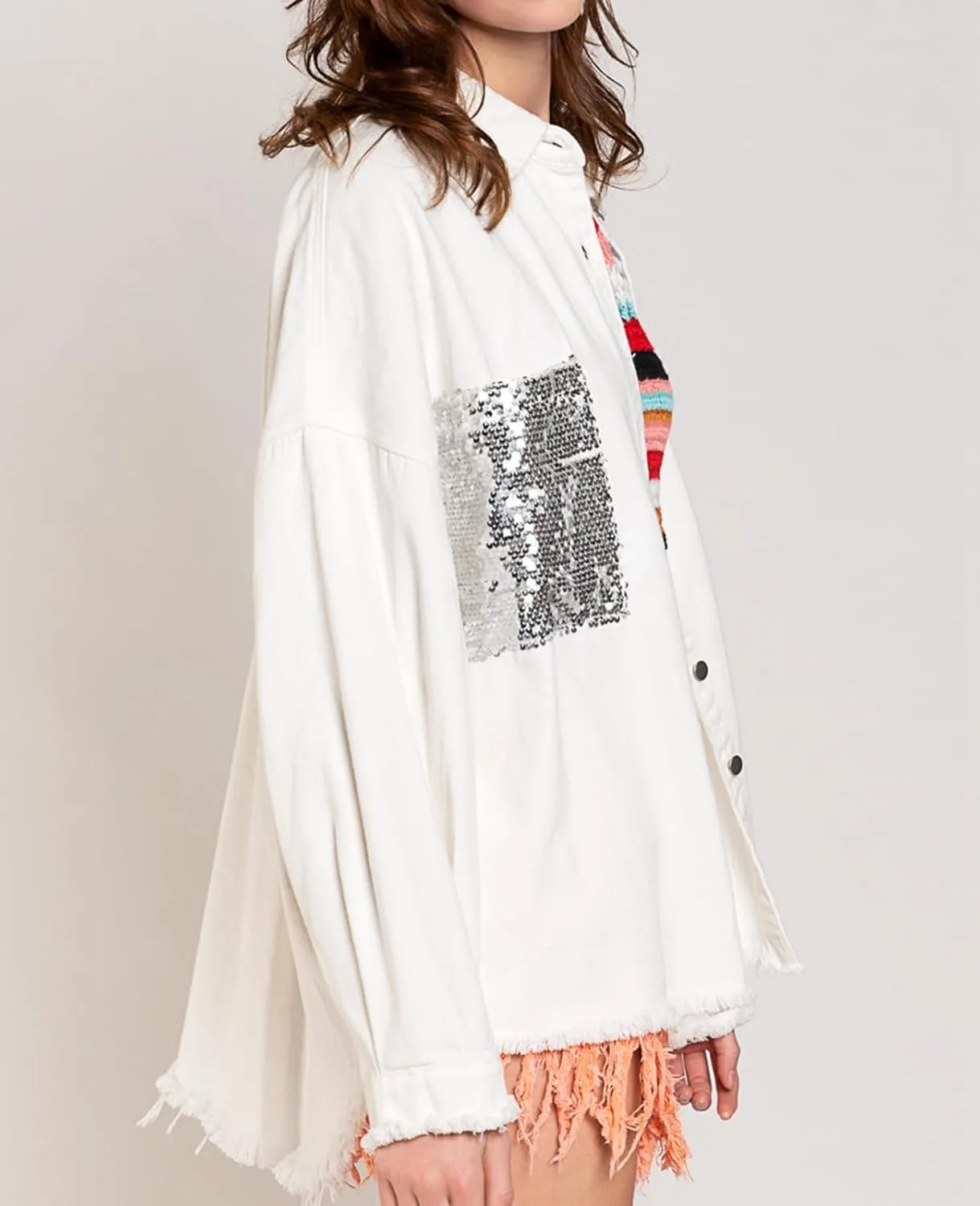 ALSOGO Women Oversize Denim Jacket Casual Long Sleeve Jean Jacket Cute Fringe Jacket With Pockets