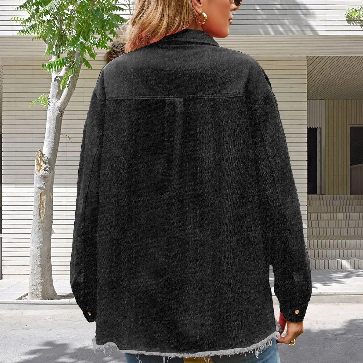 ALSOGO Women Oversize Denim Jacket Casual Long Sleeve Jean Jacket Cute Fringe Jacket With Pockets