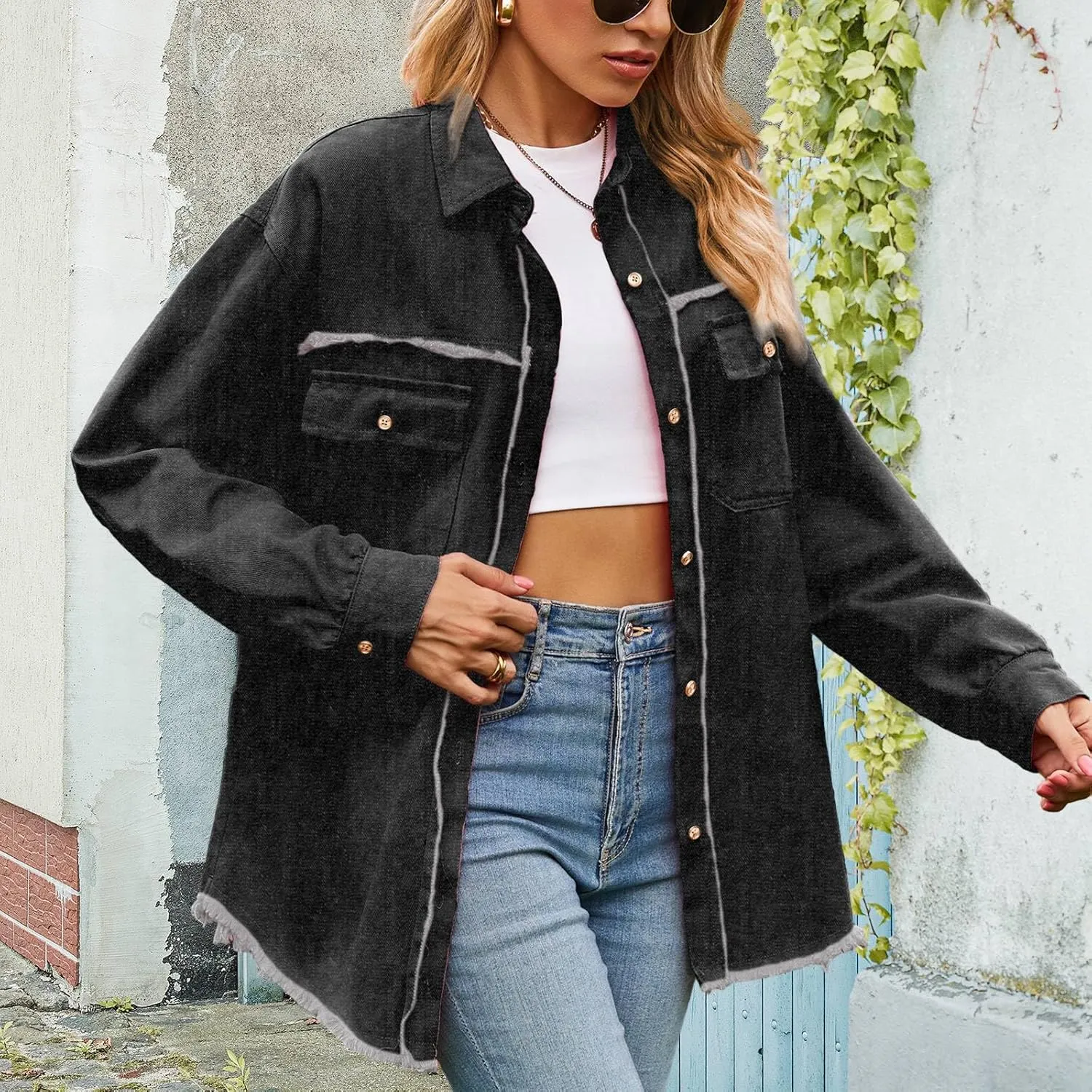 ALSOGO Women Oversize Denim Jacket Casual Long Sleeve Jean Jacket Cute Fringe Jacket With Pockets