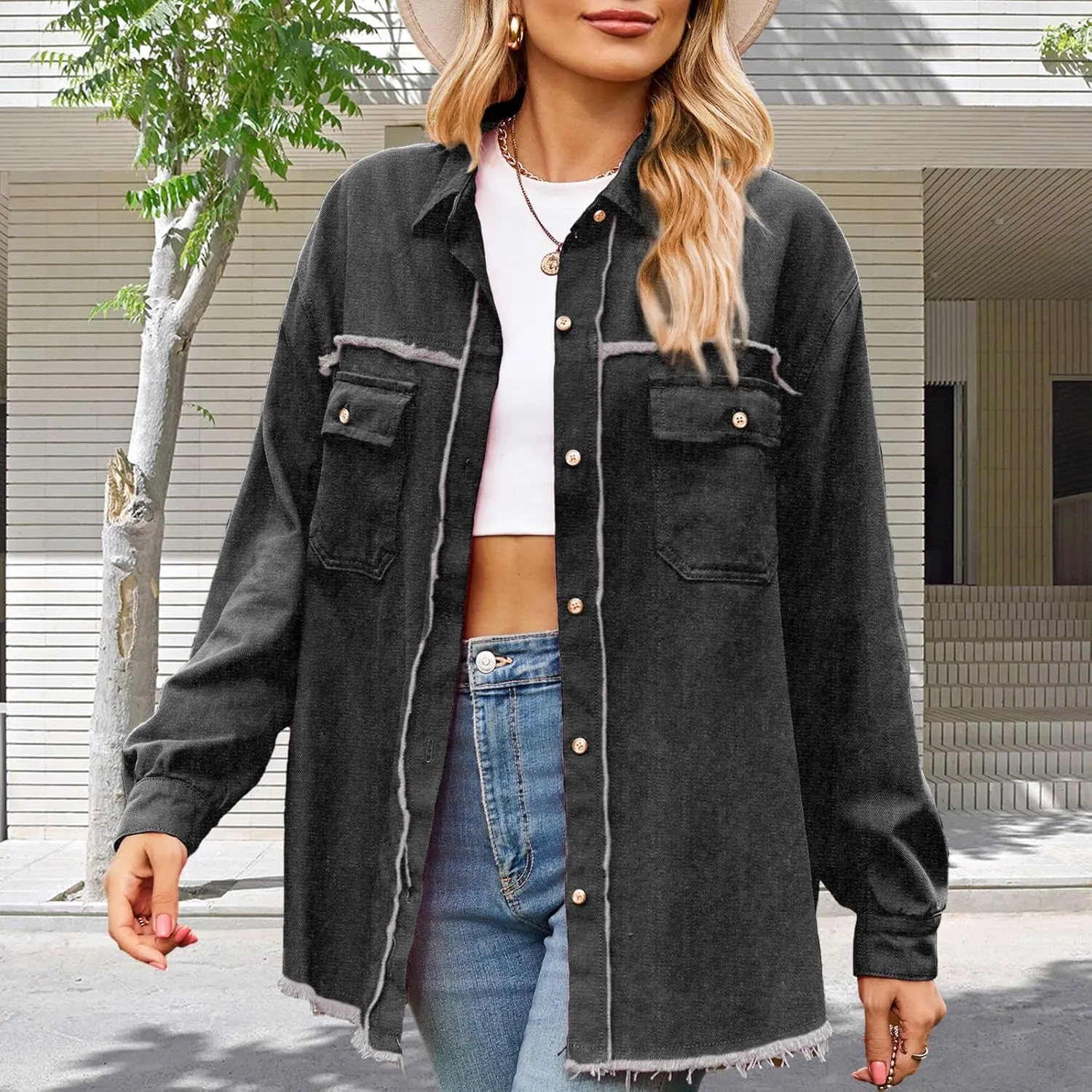 ALSOGO Women Oversize Denim Jacket Casual Long Sleeve Jean Jacket Cute Fringe Jacket With Pockets