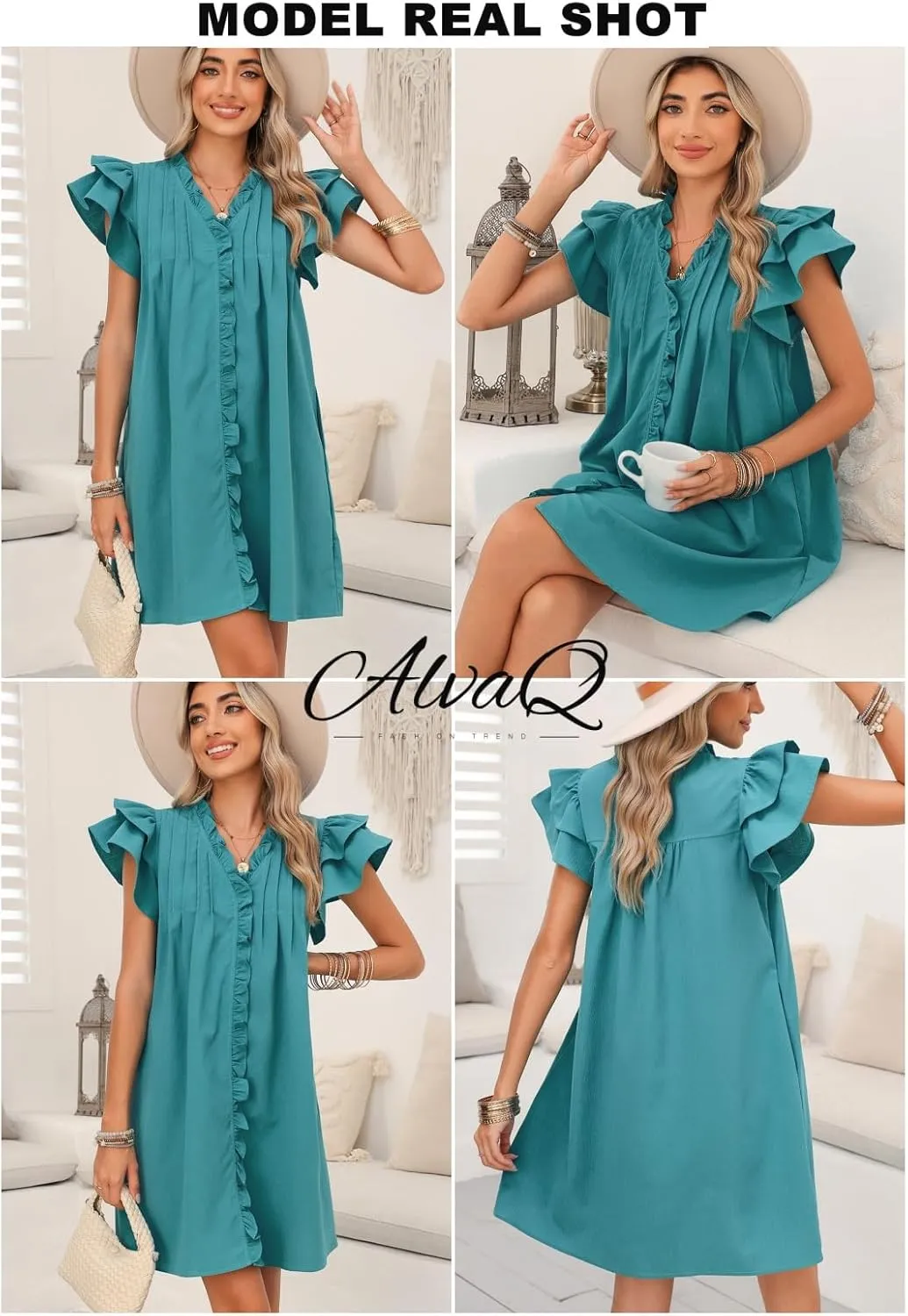 AlvaQ Womens Summer Dresses 2025 V Neck Ruffle Cap Short Sleeve Mini Dress Casual Flowy Pleated A Line Sundress with Pockets