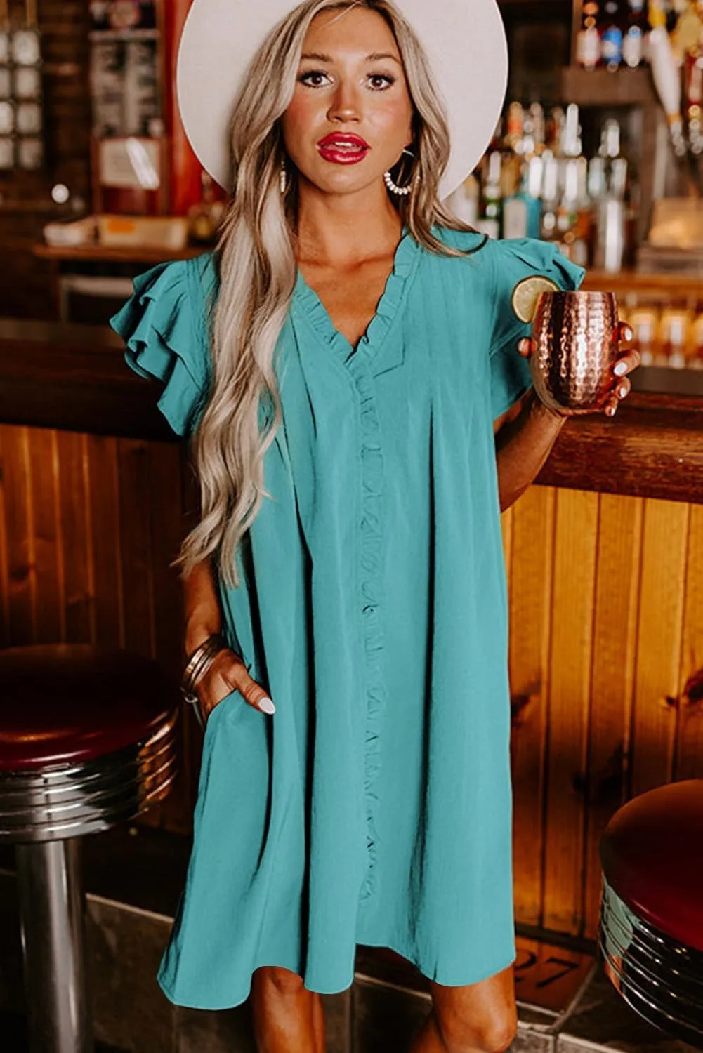 AlvaQ Womens Summer Dresses 2025 V Neck Ruffle Cap Short Sleeve Mini Dress Casual Flowy Pleated A Line Sundress with Pockets