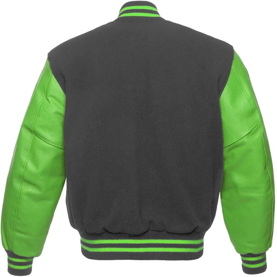 AMBER American Letterman Jacket Varsity Jacket School Jacket Baseball Jacket Black Wool & Green Leather Sleeves