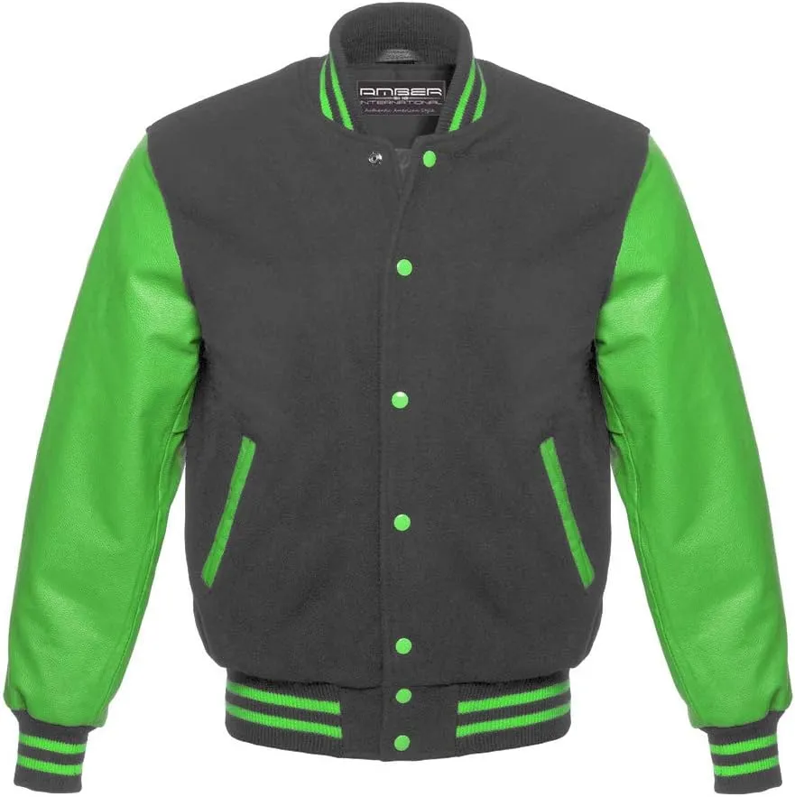 AMBER American Letterman Jacket Varsity Jacket School Jacket Baseball Jacket Black Wool & Green Leather Sleeves
