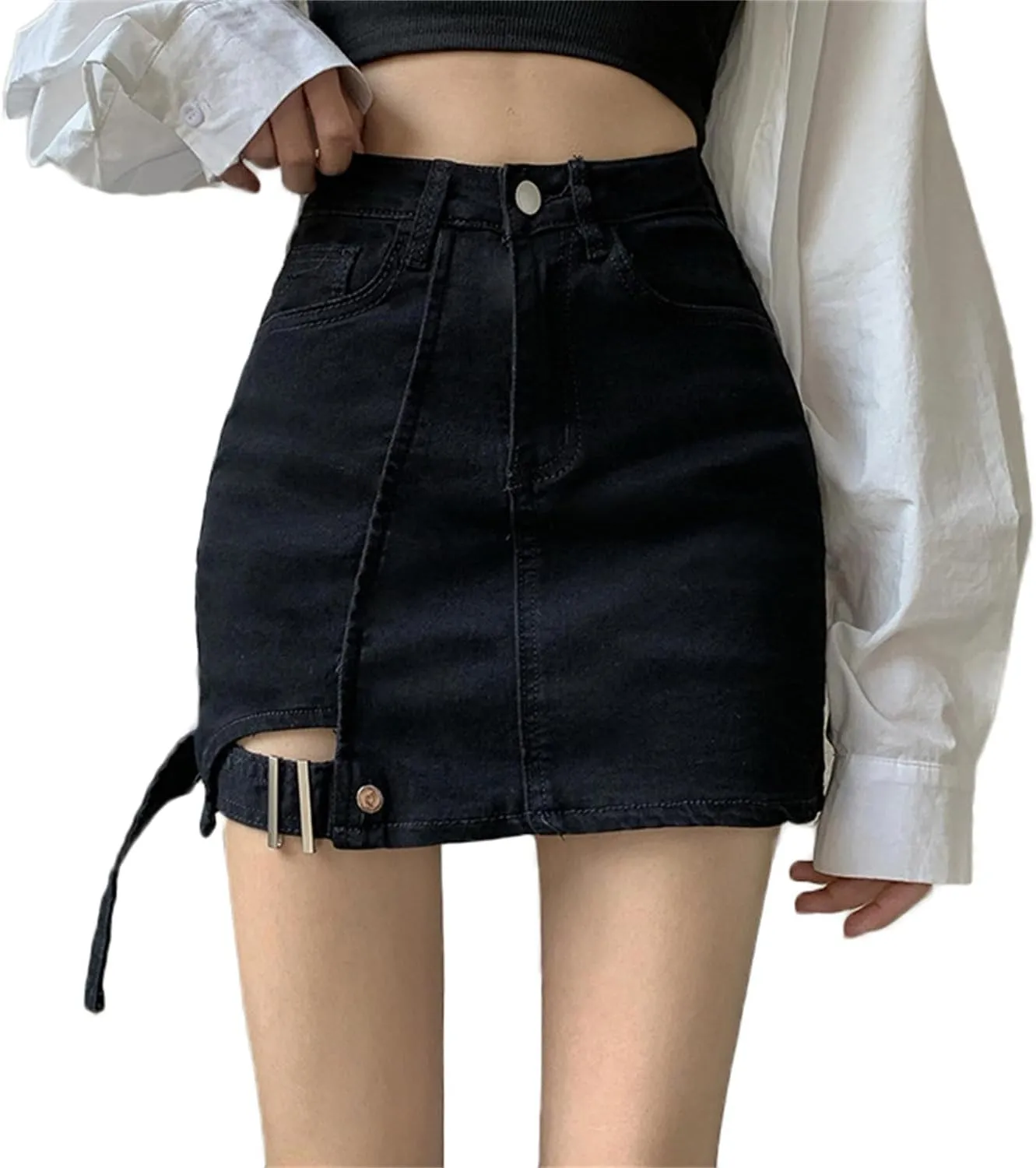 Andongnywell Women's Casual Buttoned Strap Hem High Waist Denim Skorts Skirt Shorts 2024 Trendy Jeans Shorts with Pockets
