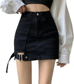 Andongnywell Women's Casual Buttoned Strap Hem High Waist Denim Skorts Skirt Shorts 2024 Trendy Jeans Shorts with Pockets