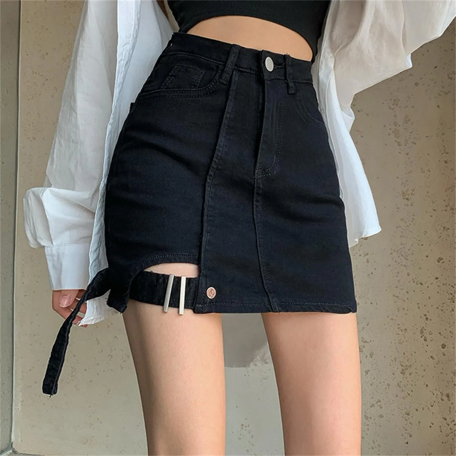 Andongnywell Women's Casual Buttoned Strap Hem High Waist Denim Skorts Skirt Shorts 2024 Trendy Jeans Shorts with Pockets