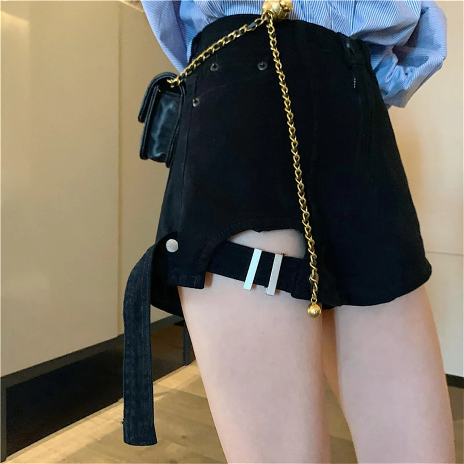 Andongnywell Women's Casual Buttoned Strap Hem High Waist Denim Skorts Skirt Shorts 2024 Trendy Jeans Shorts with Pockets