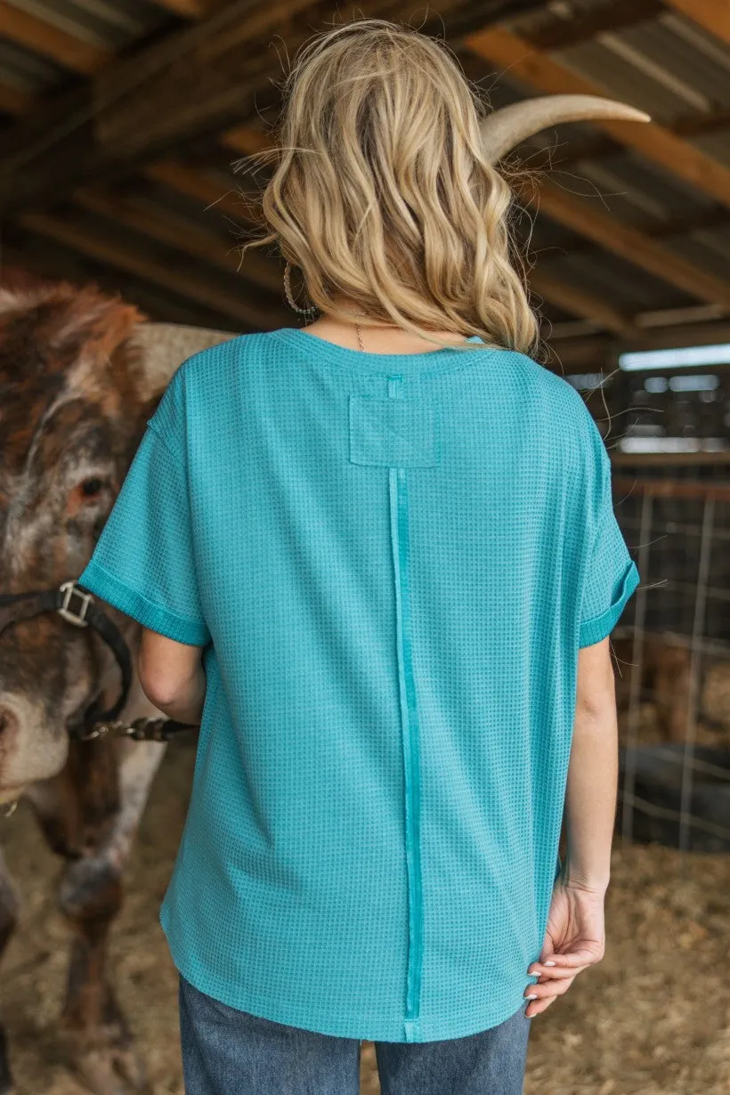 Andree by Morgan Nicole Thermal Knit Teal T-Shirt  Relaxed Fit Dolman Sleeve Top
