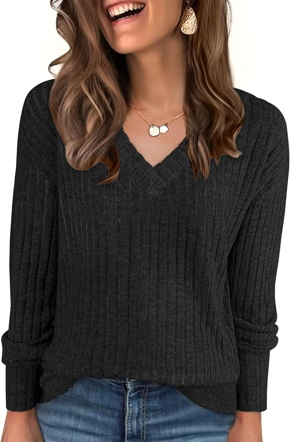 ANRABESS Long Sleeve Shirts for Women V Neck Casual Fall Tops Loose Fit Lightweight Sweaters Tunic Fashion 2024 Clothes