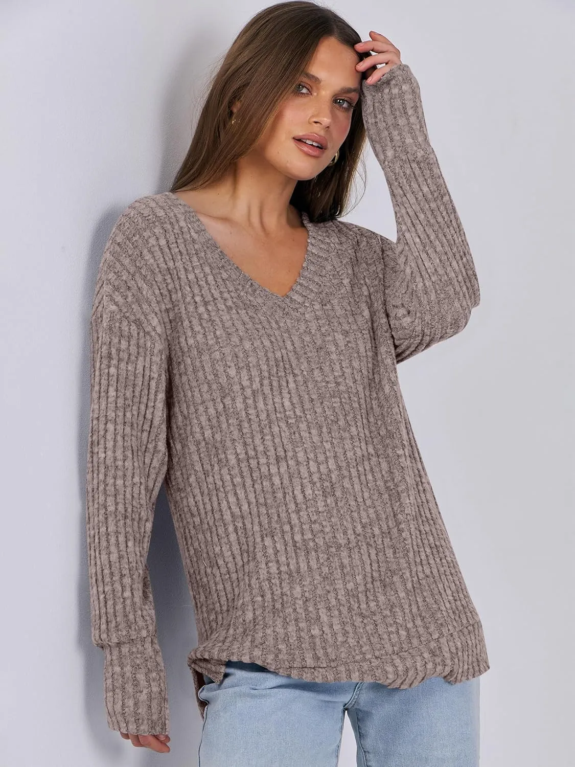ANRABESS Long Sleeve Shirts for Women V Neck Casual Fall Tops Loose Fit Lightweight Sweaters Tunic Fashion 2024 Clothes