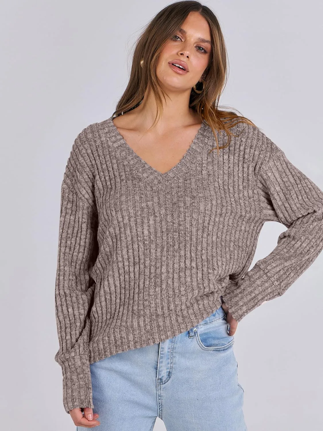ANRABESS Long Sleeve Shirts for Women V Neck Casual Fall Tops Loose Fit Lightweight Sweaters Tunic Fashion 2024 Clothes