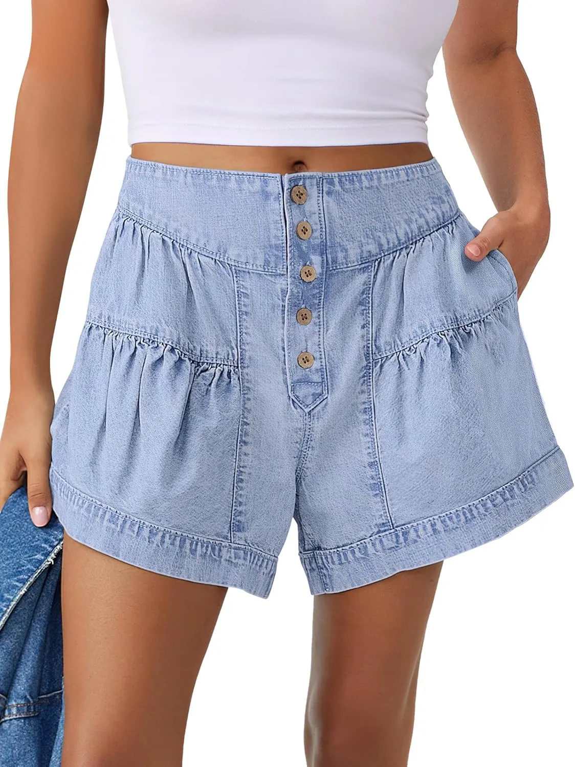 ANRABESS Women's Denim Shorts Summer Baggy High Waisted Flowy Wide Leg Buttons Pleated Casual Jean Shorts 2025 Fashion Skorts