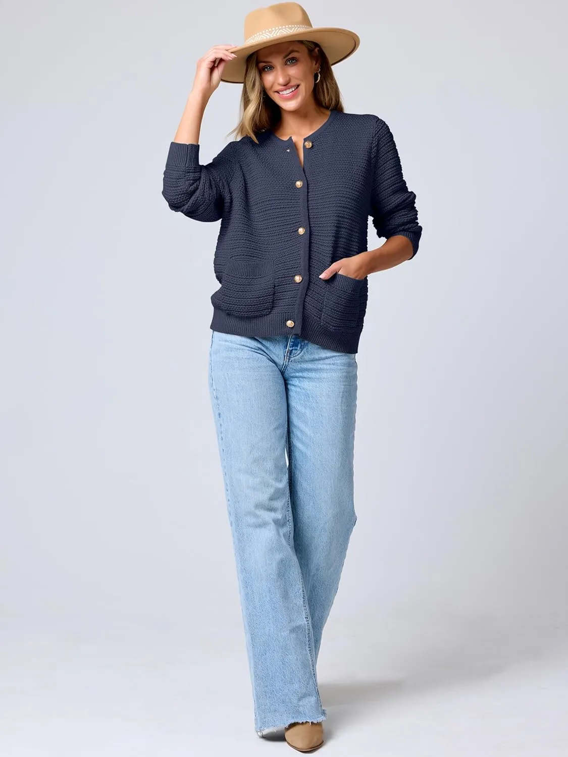 ANRABESS Women's Tweed Knit Cardigan Sweater Casual Long Sleeve Cropped Button Down Lady Jackets 2025 Spring Fashion Outwear