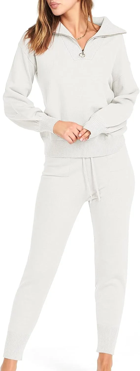 ANRABESS Women's Two Piece Outfits Sweater Sets Long Sleeve Zip Up Knit Pullover Jogger Pants Tracksuit 2024 Fall Lounge Sets
