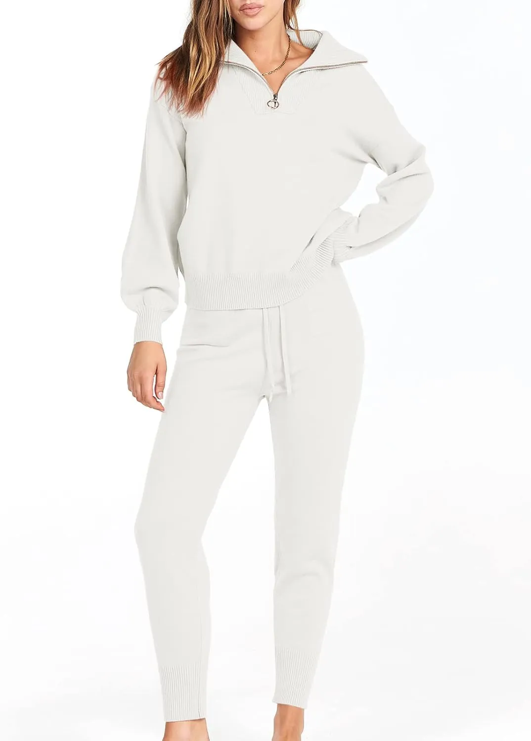 ANRABESS Women's Two Piece Outfits Sweater Sets Long Sleeve Zip Up Knit Pullover Jogger Pants Tracksuit 2024 Fall Lounge Sets