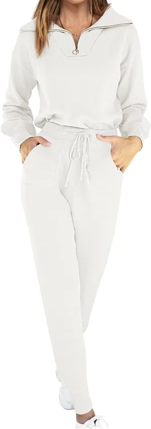 ANRABESS Women's Two Piece Outfits Sweater Sets Long Sleeve Zip Up Knit Pullover Jogger Pants Tracksuit 2024 Fall Lounge Sets