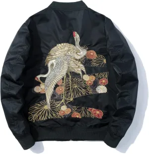 Aoleaky Japanese Spring Bomber Jacket Crane Embroidery,Thick Cotton Padded Baseball Coat