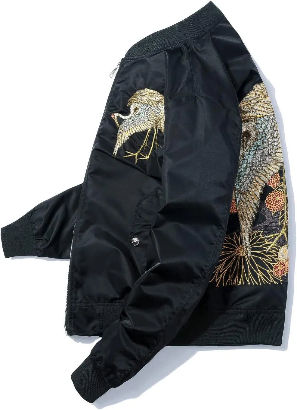 Aoleaky Japanese Spring Bomber Jacket Crane Embroidery,Thick Cotton Padded Baseball Coat