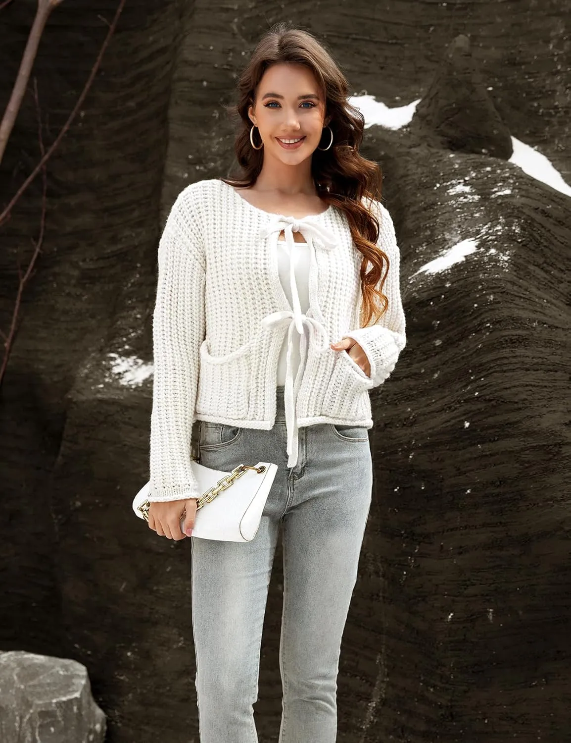 Arssm Womens Tie Front Cardigan Sweaters Cropped Chunky Open Front Knit Sweater Long Sleeve Loose Cardigan Outerwear