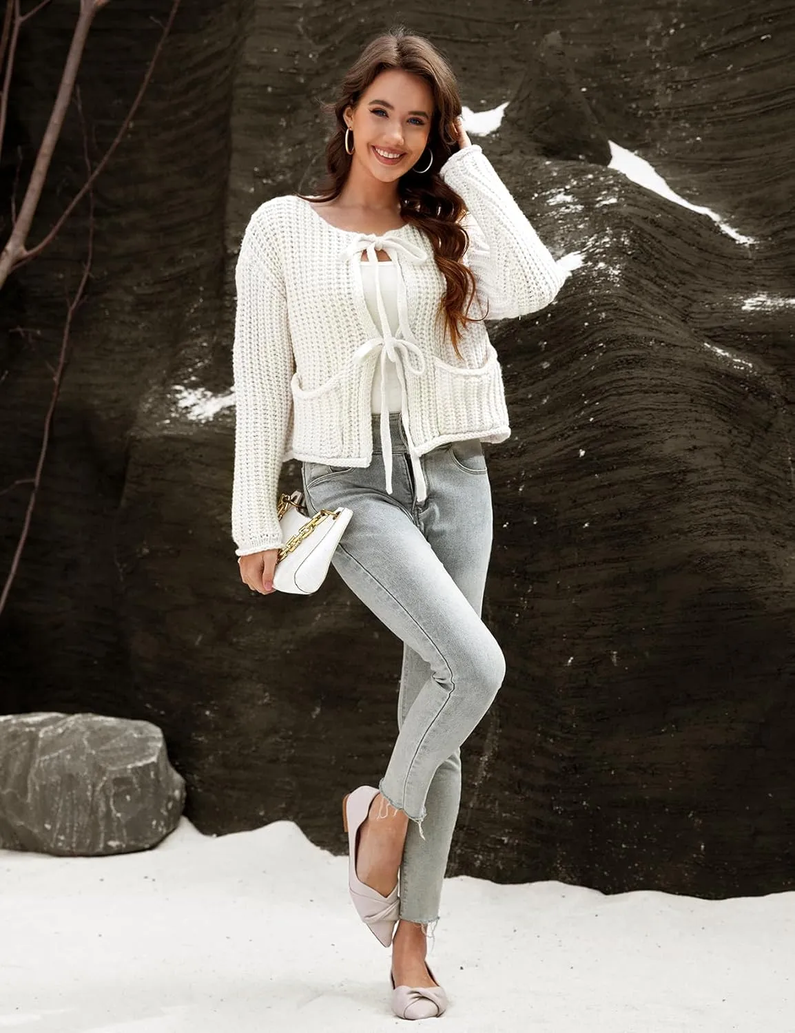 Arssm Womens Tie Front Cardigan Sweaters Cropped Chunky Open Front Knit Sweater Long Sleeve Loose Cardigan Outerwear