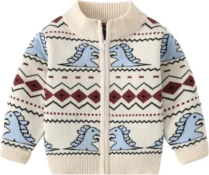 Baby Boys Girls Button Up Cardigan Sweater Dinosaur Full-Zip Long Sleeve V Neck Cartoon Embroidery Coat