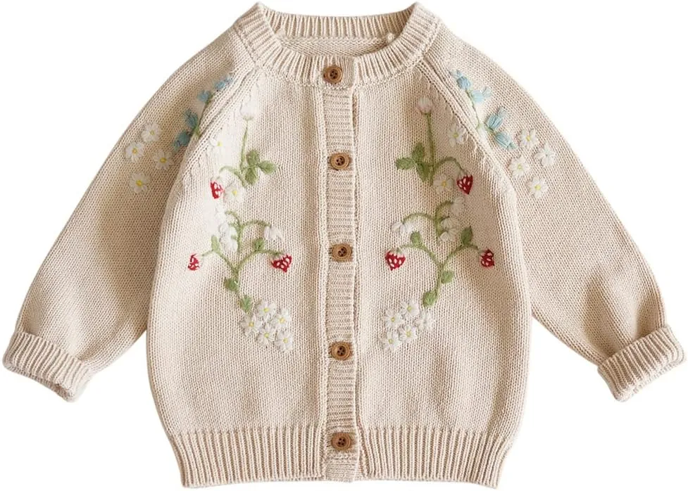 Baby Girls Knitted Cardigan Sweater Crewneck Knit Crochet Button Closure Cardigan Tops Coat Outwear for Toddler