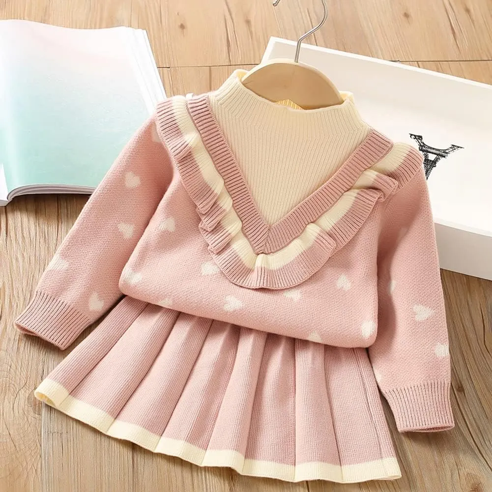 Baby Girls Knitted Sweater Dress Kids Floral Sweater Top   Ruffles Mini Skirt Outfits Fall Winter Clothes Set 2pcs