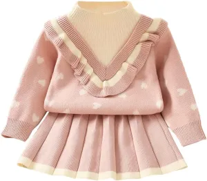 Baby Girls Knitted Sweater Dress Kids Floral Sweater Top   Ruffles Mini Skirt Outfits Fall Winter Clothes Set 2pcs