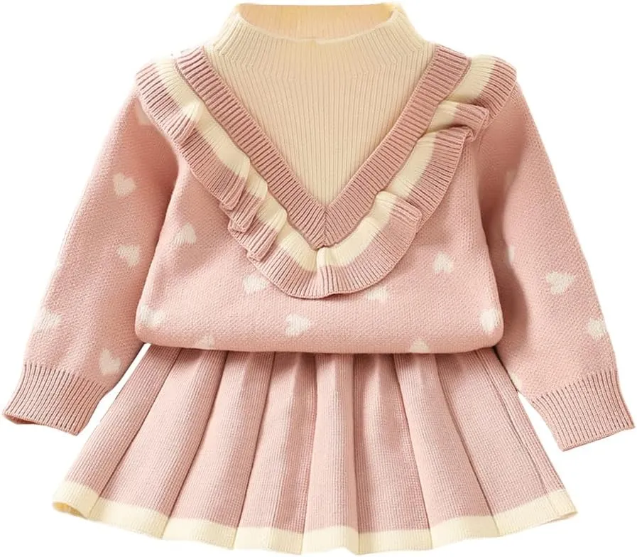 Baby Girls Knitted Sweater Dress Kids Floral Sweater Top   Ruffles Mini Skirt Outfits Fall Winter Clothes Set 2pcs