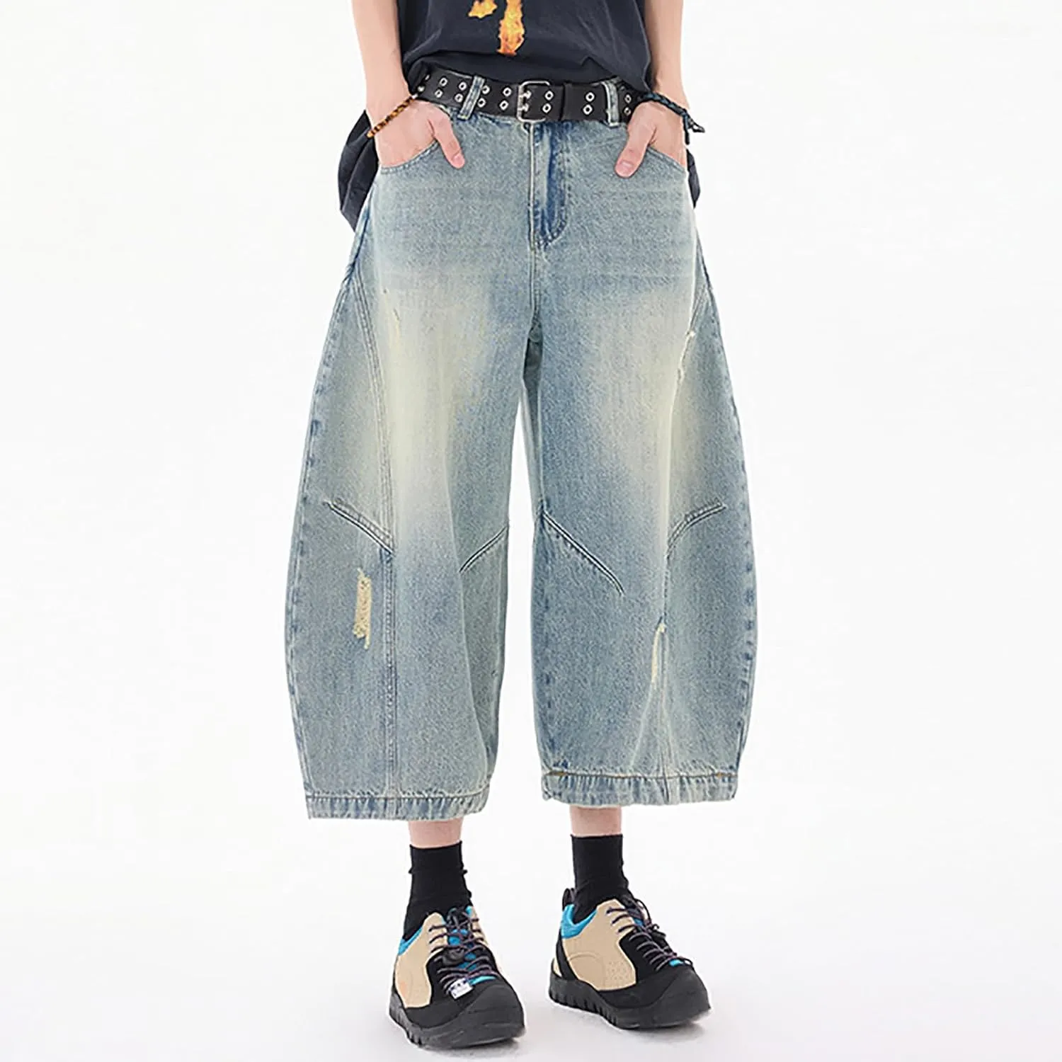 Baggy Jean Shorts for Men Summer Casual Loose Fit Y2K Hip Hop Mid Denim Shorts Streetwear with Pockets