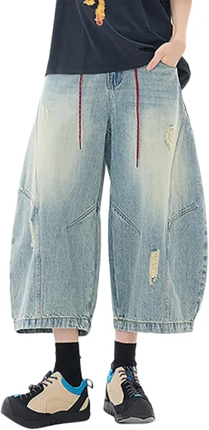 Baggy Jean Shorts for Men Summer Casual Loose Fit Y2K Hip Hop Mid Denim Shorts Streetwear with Pockets
