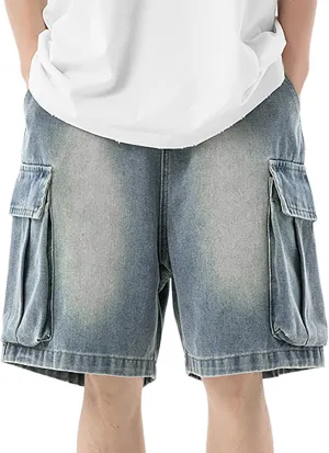 Baggy Jean Shorts for Men Summer Casual Loose Fit Y2K Hip Hop Skateboard Denim Shorts with Pockets