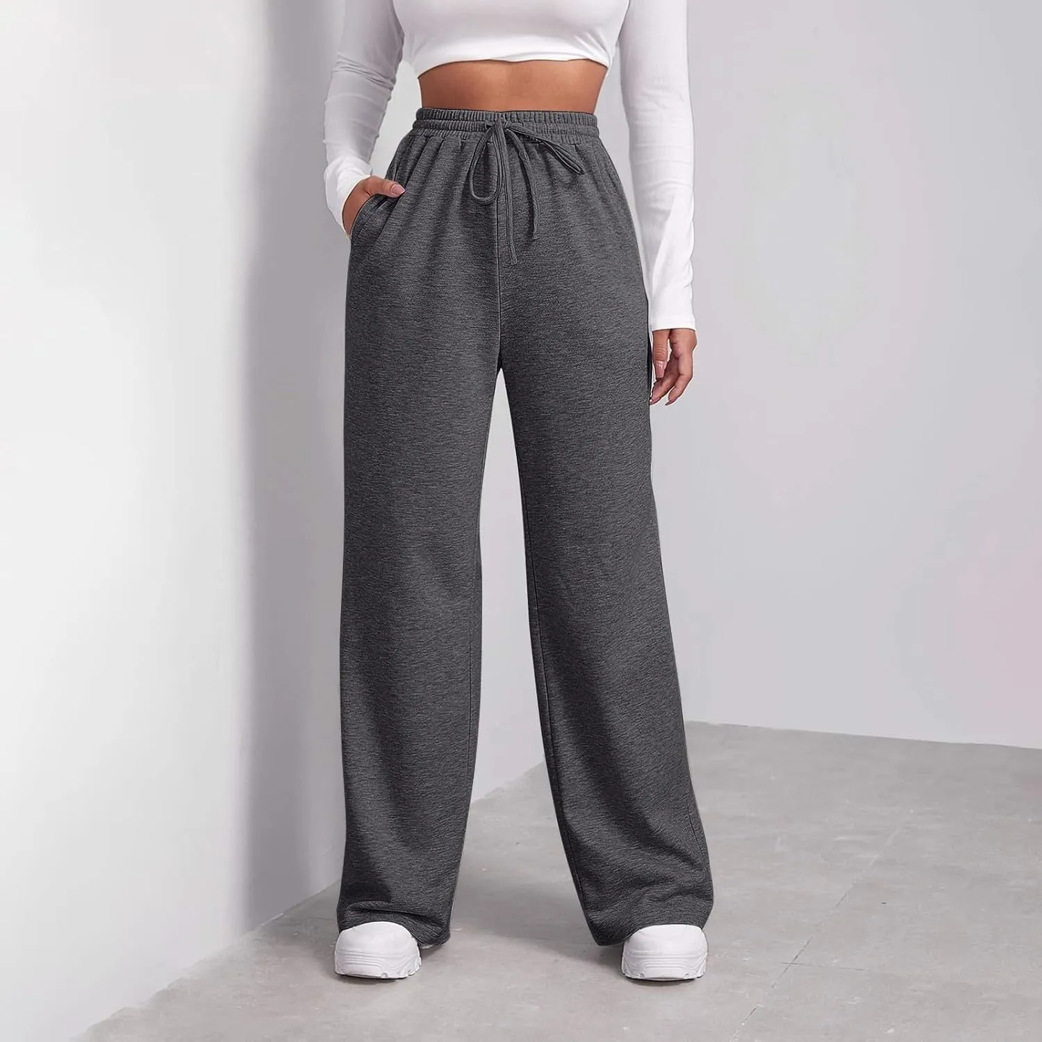 Baggy Wide Leg Sweatpants for Women Fleece Joggers with Pockets Comfy High Waist Lounge Pants Drawstring Sweat Pants