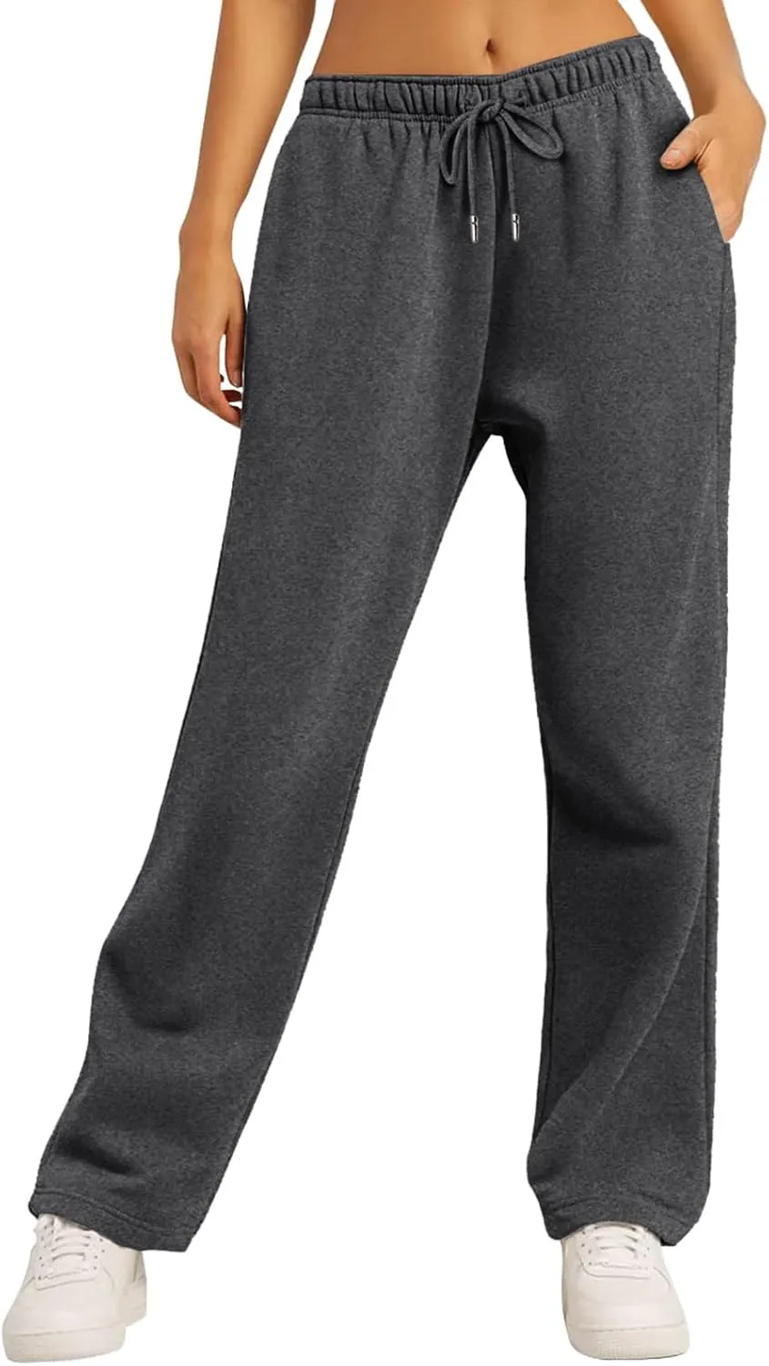 Baggy Wide Leg Sweatpants for Women Fleece Joggers with Pockets Comfy High Waist Lounge Pants Drawstring Sweat Pants